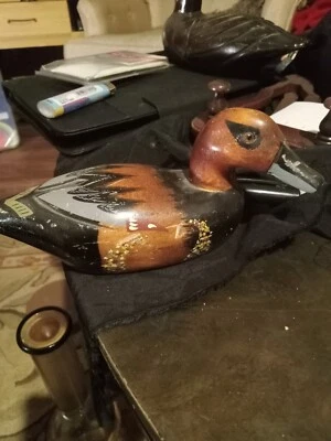 Vintage Duck Decoy Hand Carved & Painted Folk Art Solid Wood Glass Eyes - Image 1 of 3