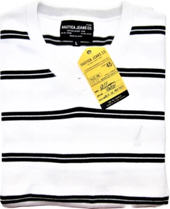 Suéter Pullover Nautica Hombres Talla L Invierno Blanco Negro Rayas Cuello en V Algodón Nuevo - Imagen 1 de 3