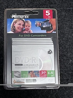 5-Pack Memorex 4X Camcorder 1.4 GB 30 Min Mini DVD-R Case Single Sided 8cm NEW - Image 1 of 2