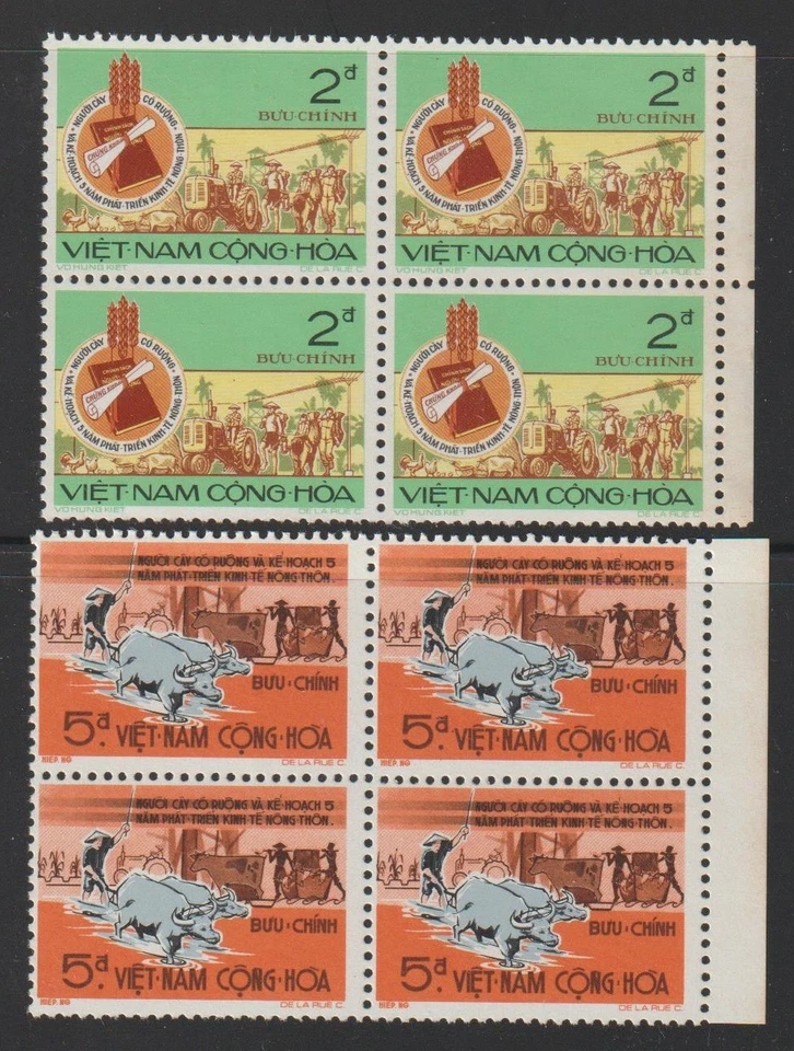 Bloque de estampillas de Vietnam S 4 agricultores con tractor, símbolo de la ley Sc # 448-449 MNH Foto 1 de 1