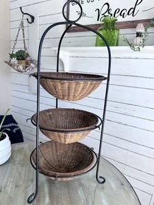 Vintage 30” High Wrought Iron Three Tier Stand Rack With Wicker Rattan Baskets - Picture 1 of 14