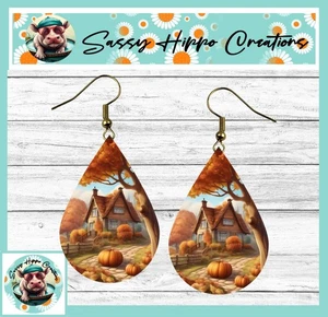 Earrings Teardrop Gold Hook Backs Autumn Cottage Pumpkins Trees Leaves Fall - Picture 1 of 4