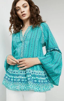 BCBGMAXAZRIA Kaley Bufanda Estampado Campesino Top Blusa XS Azul Algodón Seda Voile $298 Foto 1 de 4