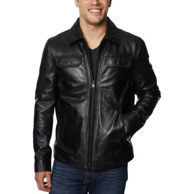 RRP $495 PERRY ELLIS Portfolio Men's Lambskin Leather Padded Jacket Size L NEW - Image 1 of 4