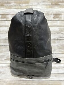 Calvin Klein Black Leather Logo Backpack Bucket Bag Zip Up Bag Multi Pockets