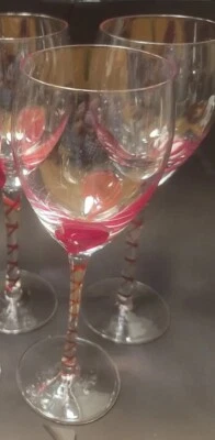 Pier 1 Set of 3 Red drop Swirl Ribbon Stemmed Wine Glasses Hand Blown - Image 1 of 4