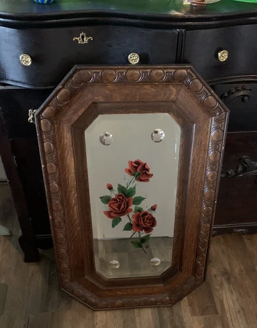 Antique Wall or Mantle Mirror reverse Painted Red Roses Artist Signed DMG Cover