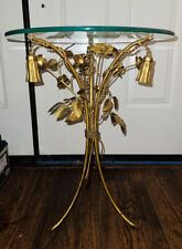 VINTAGE Italian Gilt Metal Floral GLASS TOP SIDE TABLE w/Flowers, Rope & Tassels