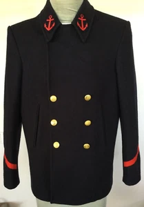 French Dark Navy Wool Peacoat. Anchor and Red Stripe Sleeve Detail. Size Large - Picture 1 of 14