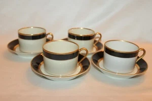 FITZ & FLOYD Black Gold Porcelain RENAISSANCE Cup & Saucer Set of 4 8pcs JAPAN - Picture 1 of 11