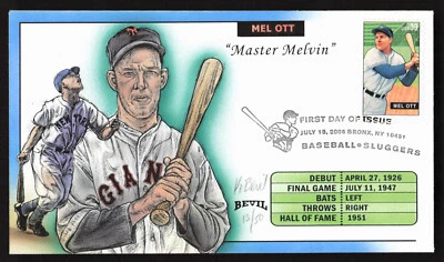 2006 MEL OTT FDC FIRST DAY COVER BASEBALL SLUGGERS HAND PAINTED BEVIL 13/50 - Image 1 of 2