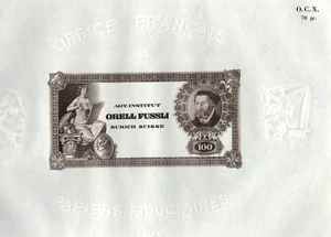 Test Note Orell Füssli SWITZERLAND "100" on French Wmk Security Paper OCX 70 - Picture 1 of 3