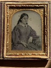 Victorian Ambrotype Photo Young Woman In Striped Dress - Cased 7.5x6.5cm