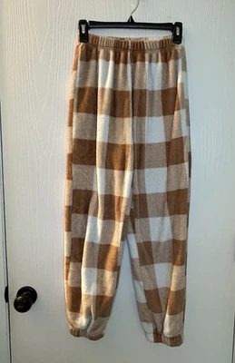 SHEIN marrom bronzeado branco quadriculado macio aconchegante casual calça lounge feminina pequena - Imagem 1 de 4