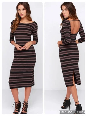 Vestido midi novo com etiquetas O'Neill Aries preto listrado acinzentado jersey lápis elástico pequeno P - Imagem 1 de 4