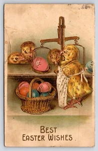 Postal Best Easter Wishes, pollito antropomórfico, huevos, escala, grabado - Imagen 1 de 2