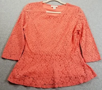 KENAR Peplum Top Women’s Medium M Coral Pink ¾ Sleeve Crewneck Lace Side Zipper - Image 1 of 4