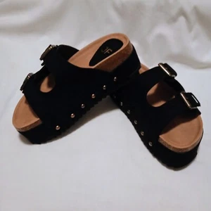 JustFab Women's Platform Sandals Sz 7 Black Abbie Slip On Casual Adjustable, New - Picture 1 of 12
