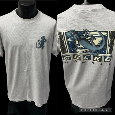 Vtg 80 90's GECKO Hawaii Men Gray Blue LIZARD Logo SKATER SURFER T Shirt L - Image 1 of 4