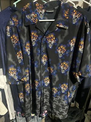 Vintage 90's ODO Rockabilly Bowling Shirt Skulls Flaming Fire Polyester Men XL - Image 1 of 3