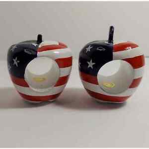 2 Wooden Apple Napkin Rings Red White Blue Flag Design United States Patriotic