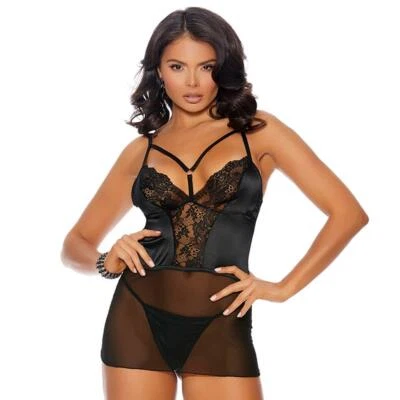 Babydoll de malla de encaje satinado con aros y tiras conjunto de tanga negra 44118 Foto 1 de 4