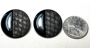 Lot of 2 Black LACY Weave Glass Antique BUTTONS Nice Faux Fabric Style Large 1"+ - Picture 1 of 3