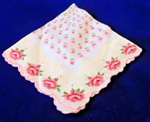 Fazzoletto vintage fazzoletto lino bianco fiori rossi bordi smerlati 12,5" squa - Foto 1 di 3