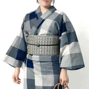 Yukata Cotton Linen Yarn Dyed Block Check Navy Beige Off-White Women's - Picture 1 of 16