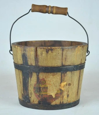 ANTIQUE PRIMITIVE WOODEN BUCKET SWING TURNED HANDLE-ADVERTISING J.W. WIND 5 1/2" - Image 1 of 4