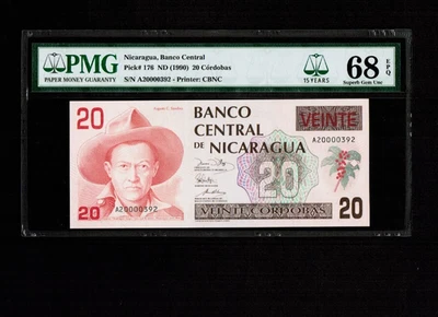 Nicaragua 20 CORDOBAS ND(1990) Serie A = Graded PMG-68 EPQ Superb Gem UNC Scarce - Image 1 of 2