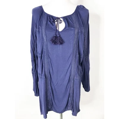 Lucky Brand Top Womens 2X Blue Embroidered Tassels Tie Neck Boho Long Sleeve - Image 1 of 4
