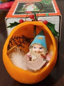 Vintage Old Christmas Ornament Knome Elf In An Orange Weird Odd Rare Pink Pipe - Picture 1 of 8
