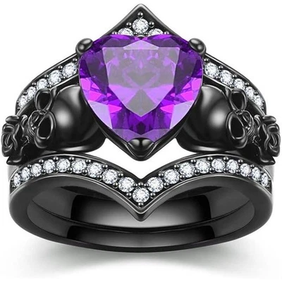 Gtiskl Purple Heart Teardrop Skull Ring Guard Crown Ring Set Gothic Size 10 - Image 1 of 4
