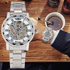 Mens Automatic Mechanical Watch Silver Gear Steampunk Skeleton Wristwatch Gift