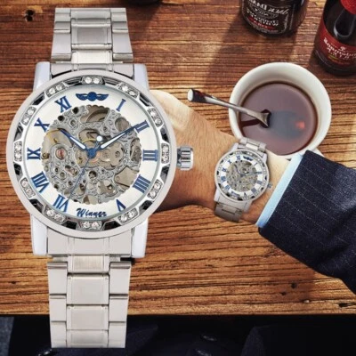 Mens Automatic Mechanical Watch Silver Gear Steampunk Skeleton Wristwatch Gift - Image 1 of 4