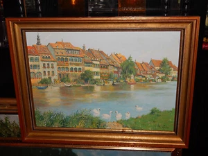 Gemälde Öl / Lw " Sommertag an der Regnitz " Schwäne Boote signiert A. 1972 - Picture 1 of 8