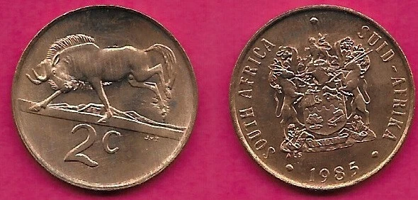 SOUTH AFRICA 2 CENTS 1985 XF SOUTH AFRICA-SUID AFRIKA,WILDEBEEST BUCKING LEFT AB - Image 1 of 1
