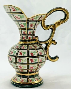 Vintage H Bequet #317 handbemalt Belgien Krug Vase rosa floral gold schwarz - Bild 1 von 9