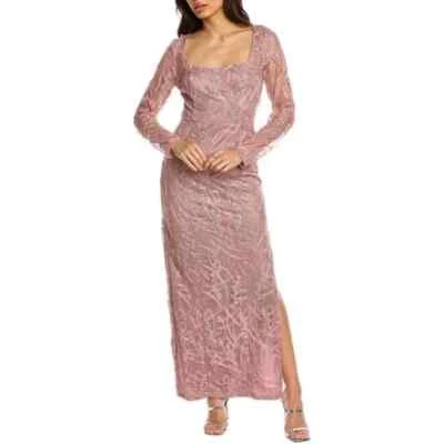 JS COLLECTIONS Wisteria Dusty Pink Sequin Lace Side Slit Column Maxi Gown 12 = L - Image 1 of 4