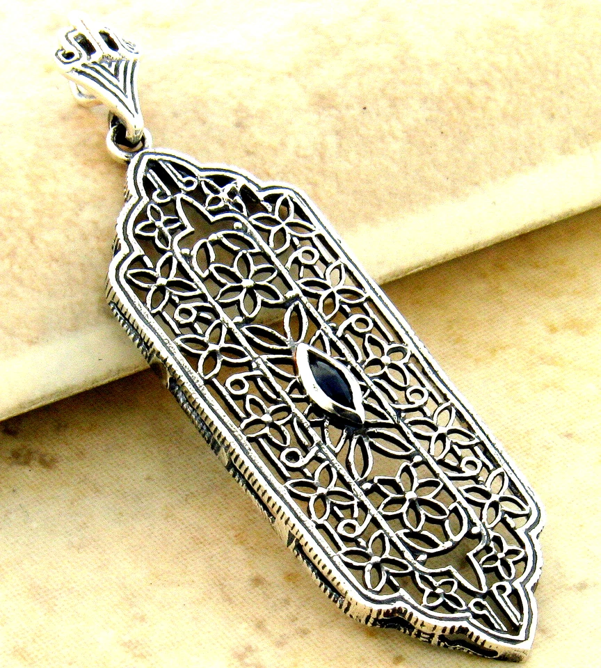 GENUINO ZAFIRO 925 PLATA ESTERLINA DECO ESTILO ANTIGUO FILIGRANA COLGANTE 981X Foto 1 de 1