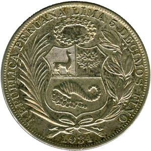 ☆ PERU 1934 ☆ 1 SOL • SILVER .500 • REPUBLICA PERUANA ☆ PLATA • KM# 218.2 ☆D0810 - Picture 1 of 4