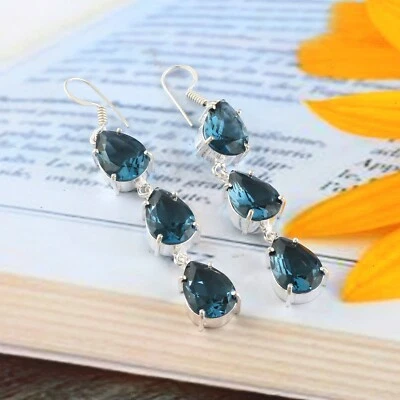 London Blue Topaz Quartz Gemstone Silver Plated Dangle Earrings Jewelry 2.5" - Image 1 of 3