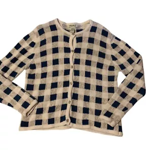 Vintage Eddie Bauer Cardigan Linen & Cotton Off White Beige Blue Checkered Large - Picture 1 of 17