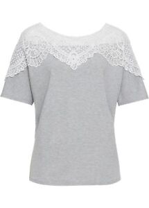 Shirt mit Crochet-Spitze Gr. 32/34 Hellgrau Meliert Damen Shirt Bluse Tunika Neu