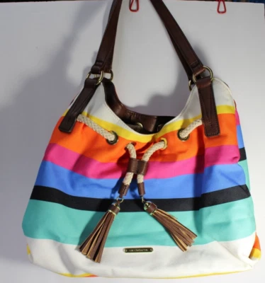 Liz Claiborne Purse Womens Striped Rainbow Serape CanvasLeather Handbag - Image 1 of 4