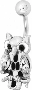 Piercing Navel Owl Enamel Black White Zircon - Picture 1 of 1