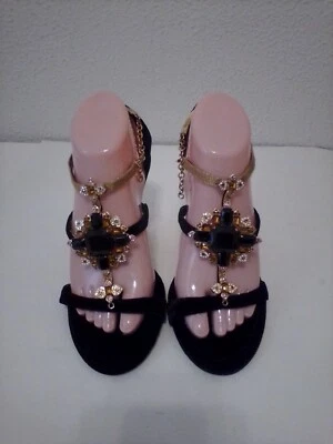 Hot in Hollywood Black Faux Suede Rhinestone Gold Chain Ankle Strap 4" Heels 8 W - Image 1 of 4