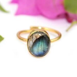 Natural Fire Blue Spectrolite Labradorite Birthstone Yellow Gold Plated Rings