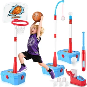 Juego de aro y tee balonta de baloncesto 4 en 1 para niños pequeños, altura ajustable para niños baloncesto... - Imagen 1 de 7